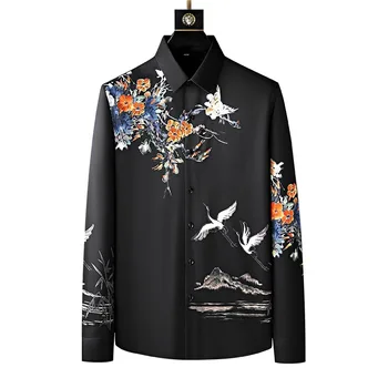 Мужская рубашка в китайском стиле с цветочным рисунком и стразами, высококачественные повседневные рубашки с длинным рукавом, приталенные деловые вечерние рубашки 2023
