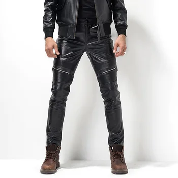 Мужские Кожаные брюки, Байкерские брюки, Мотоциклетные Брюки в стиле панк-рок, Обтягивающие Кожаные штаны в готическом стиле Для мужчин TJ05