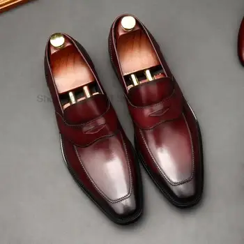 Мужские Лоферы черного и винно-красного цвета, Кожаная обувь из натуральной кожи, Элегантная Свадебная вечеринка, повседневная модельная обувь, Дизайнерская Официальная обувь для мужчин