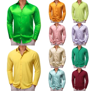 Мужские рубашки Barry Wang из шелка с длинным рукавом, однотонный атлас, красный, Зеленый, Синий, Розовый, фиолетовый, золотой, Повседневные мужские блузки, Роскошная одежда