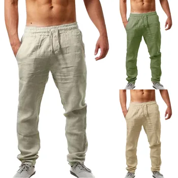 Мужские хлопчатобумажные льняные брюки, однотонные мужские дышащие брюки, свободные длинные брюки, мужские повседневные джоггеры для фитнеса, уличная одежда Трусики