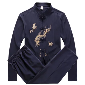 Мужской костюм эпохи Тан в Китайском стиле, Винтажная одежда с вышивкой Дракона Ханфу, Классические мужские Рубашки, Комплект одежды с брюками, Повседневная униформа Кунг-фу