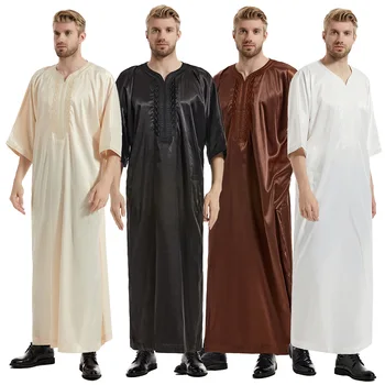 Мусульманские Халаты Мужские Джубба Тобе С Короткими рукавами, Однотонная Атласная Дышащая исламская Традиционная Одежда Саудовской Аравии, Кафтан Абая