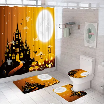 Набор занавесок для душа на Хэллоуин из 4 предметов с 12 крючками, Лунная ночь, Замок, Призраки, Летучая мышь, Тыква, Занавески для ванной, Коврик для туалета, Коврик для ванной