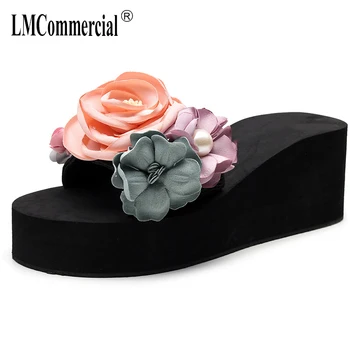 Новая летняя женская пляжная обувь на плоском каблуке с цветочным рисунком на высоком каблуке, вьетнамки большого размера, роскошная женская дизайнерская обувь