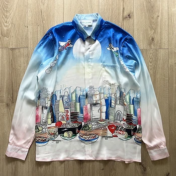 Новая летняя рубашка Casablanca Для мужчин и женщин Лучшего качества с длинным рукавом, Гавайский Пляж, Городской узор, Шелковые рубашки для мужчин, Парижский тренажерный зал