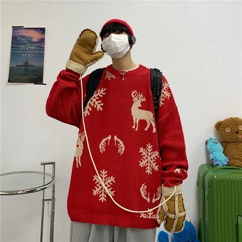 Новогодние Рождественские Мужские Свитера в Корейском Стиле со Снежинками Лося, Зимняя внутренняя Вязаная одежда, Модные Пуловеры для пар в стиле Харадзюку