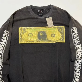 Новое  
 Винтажная футболка с надписью LS Graffiti Dollar Saint Michael, Мужская Женская Футболка с Дырками, Повседневная футболка Унисекс, Топы, футболка в стиле Хип-хоп