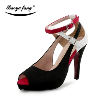 Новое поступление, красные/черные женские свадебные туфли с открытым носком, женские туфли-лодочки на высоком каблуке с пряжкой, женская обувь на красной подошве, женская стелька