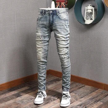 Новые Дизайнерские Модные Мужские джинсы в стиле Ретро, серо-Голубые Эластичные облегающие Рваные джинсы, Мужские брюки, Винтажные Повседневные джинсовые брюки Hombre