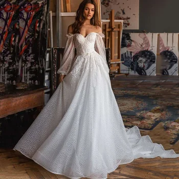 Новый дизайн винтажные свадебные платья Puff длинным рукавом невесты платье в горошек тюль Boho свадебные платья без бретелек с бантом одеяние де Мари