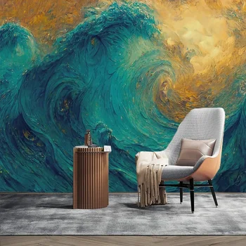 Обои 3D Современная Абстрактная Голубая Океанская Волна Граффити Живопись Нетканый ПВХ Холст Настенная Бумага Креативное Украшение Комнаты