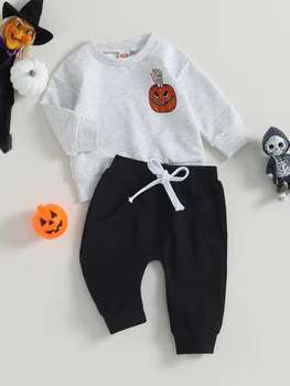 Очаровательный комплект одежды для Хэллоуина из 2 предметов для маленьких мальчиков, толстовка с круглым вырезом и эластичные длинные брюки, идеально подходящие для осени и зимы