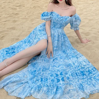 Платья Макси с цветочным рисунком для женщин 2023, Модное летнее платье Fairycore с пышными рукавами и квадратным воротником, Повседневное пляжное платье с разрезом