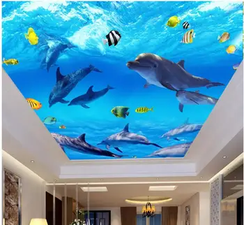 Пользовательские фото 3d потолочные фрески обои Голубой океан дельфин рыба Домашний декор гостиная 3d настенные фрески обои для стен 3 d