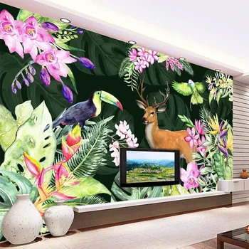 Пользовательские Фотообои Ручная Роспись Акварелью Листья Цветы Фреска с изображением Лося в Тропическом лесу Гостиная Фон для телевизора Обои