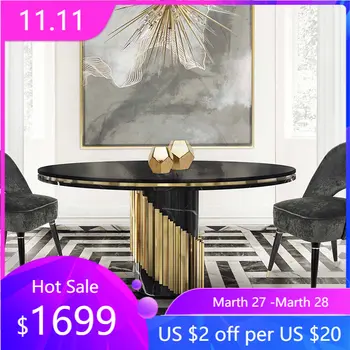 Постмодернистский минималистичный мраморный круглый обеденный стол из нержавеющей стали в гонконгском стиле, легкий роскошный обеденный стол на 4 небольших бытовых рулона