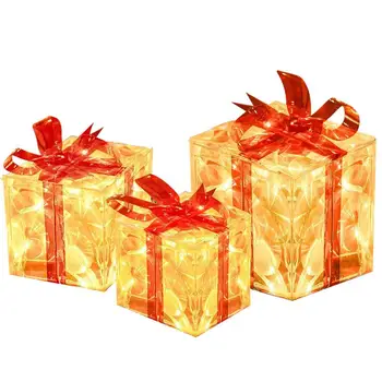 Рождественская подарочная коробка с подсветкой на открытом воздухе, 3 Упаковки Светодиодных Мерцающих украшений для Рождественской коробки с 2 режимами подсветки, Подарочные коробки С