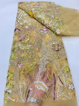 Роскошная Нигерийская кружевная ткань с тяжелым бисером, Роскошный Дубайский французский тюль, Вышивка пайетками, кружево для вечернего платья, свадебные ткани