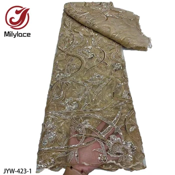 Роскошная французская сетка Ручной работы из бисера, Тюль, Кружевная ткань с блестками, Африканская ткань для пошива Вечернего свадебного платья JYW-423
