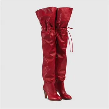 Роскошные Осенне-зимние женские ботинки Slim Fit Botas Mujer, Красные Кожаные Ботфорты выше колена, Большой Размер 43, Женская обувь Botines на высоком каблуке