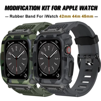 Роскошный Комплект Модификации Резиновый ремешок 45 мм Для Apple Watch Series 8 7 6 5 4 SE Прочный корпус Часов Спортивный ремешок correa iwatch 44mm42mm