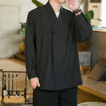 Рубашка в китайском стиле Мужская Harajuku Винтажные рубашки с длинным рукавом Черная Весенне-осенняя рубашка Куртка Мужская