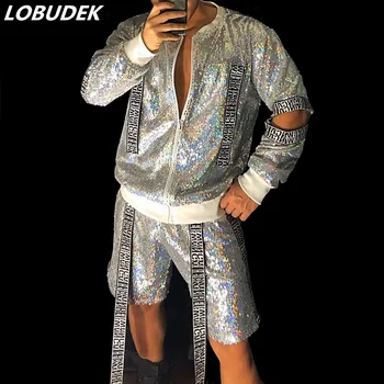 Серебряный мужской комплект из двух предметов, блестящая куртка с пайетками, брюки, бейсбольный костюм, одежда для выступлений в стиле хип-хоп и рок в ночном клубе Tide