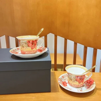 Серия Erica Bayeux Jungle Кофейная чашка из костяного фарфора в европейском придворном стиле, подарочная коробка, Позолоченное Блюдце для послеобеденного чая