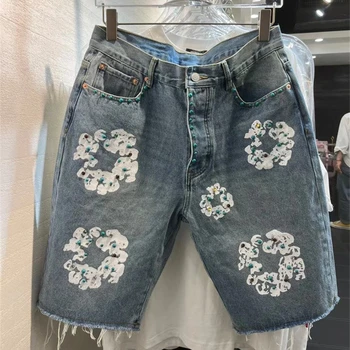 Синие промытые джинсовые шорты с инкрустацией драгоценными камнями для мужчин и женщин, шорты оверсайз Kapok Kanye
