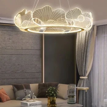 Современная Акриловая светодиодная люстра из листьев гинкго, подвесной светильник с дистанционным управлением для гостиной и столовой, потолочные светильники