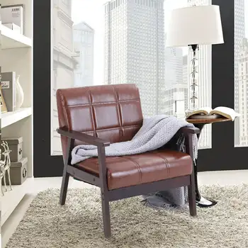 Современное деревянное кресло с подлокотником из искусственной кожи в стиле Ретро середины века, акцентный стул для гостиной, коричневый