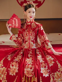 Старинный костюм с цветочной вышивкой, Красное Свадебное платье в китайском стиле, Женское Традиционное Ханфу