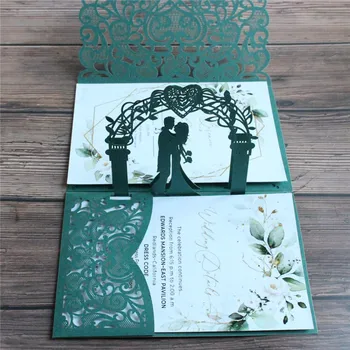 Темно-зеленые приглашения на свадьбу, объявления о браке, 3D цветок, вырезанный лазером, ностальгические приглашения в кармане
