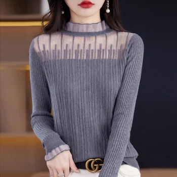Трикотажная нижняя рубашка с кружевной отстрочкой и длинными рукавами, Женский пуловер с полувысокой горловиной, тонкий свитер, облегающий темпераментный топ