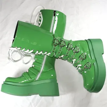 Туфли-лодочки на платформе, Женские Зеленые Ботинки на танкетке из лакированной кожи, Сапоги до бедра На высоком каблуке, Женские Модные Кроссовки с круглым носком, Повседневная обувь
