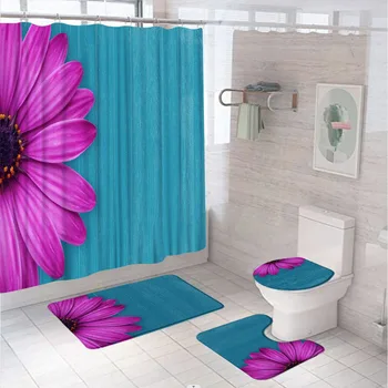 Фиолетовые цветочные занавески для душа с ромашками, Цветы, полевые цветы, Деревянная доска, занавески для ванной комнаты, нескользящий коврик для ванной, Крышка для унитаза
