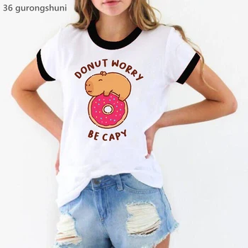 Футболка Donut Worry Be Capy с графическим принтом, Женская одежда 2023, Забавная футболка-Капибара, Женская Летняя Модная Футболка с коротким рукавом