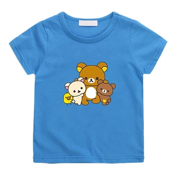 Футболка с принтом медведя Kawaii Rilakkuma для детей, мальчиков и девочек, Летняя футболка из 100% хлопка, Повседневные футболки с короткими рукавами и героями мультфильмов