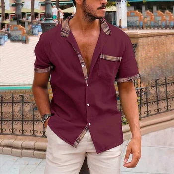 Хлопчатобумажные рубашки для мужчин, Однотонные льняные Уличные блузки с текстурой 2023, Летние рубашки с короткими рукавами, Повседневные топы с передним карманом