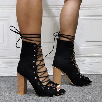 Черные босоножки на шнуровке с острым открытым носком, женские Римские ботинки, Летние замшевые туфли на высоком массивном каблуке, Женские повседневные сандалии Большого размера 47
