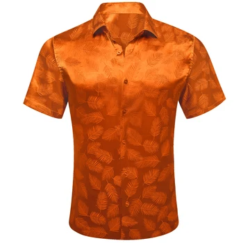 Шелковые мужские рубашки, Летняя приталенная мужская блузка с коротким шелковым рукавом и оранжевым цветком, повседневные топы, Дышащая одежда Barry Wang